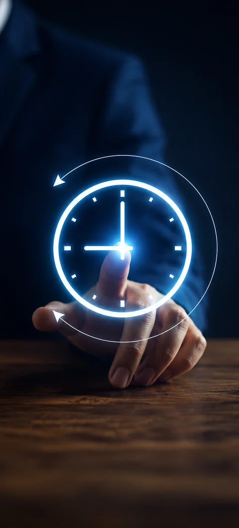 A clock face lit above an open hand, marking consultation hours